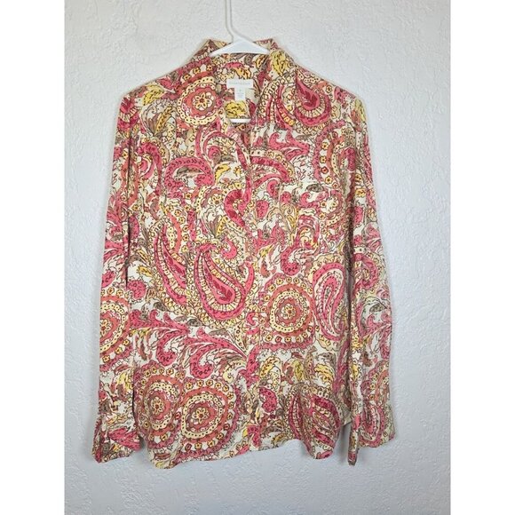 Charter Club Pink Paisley Printed Button Down Pockets Linen Shirt Size 12 - Picture 1 of 4